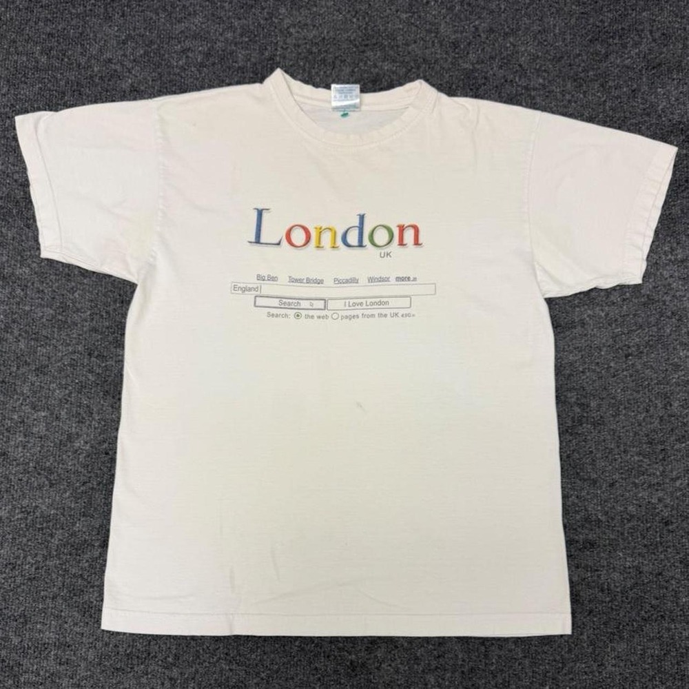 Vintage London UK Search Engine Graphic T-Shirt Mens Small Cream White Souvenir